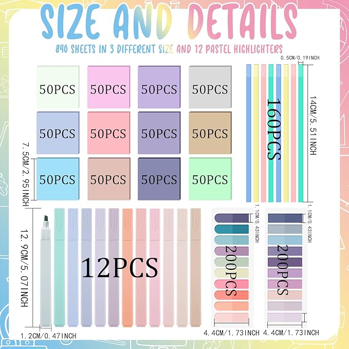 1160 Sheets Pastel Transparent Sticky Notes, 3 x 3 Inch Clear Sticky Note Waterproof See Through Memo Pad, Translucent Writable Index Tabs for Annotating Books, Study Stationary Graduation Supplies