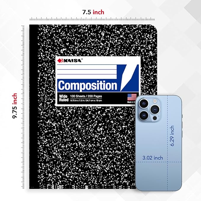 KAISA Composition Notebooks 100Sheets Comp Book,Wide Ruled 9.75x7.5inch, Classic Marble Composition Books, Carton of 20pads, C10001W