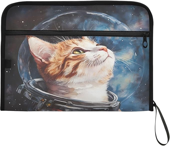 Cat Astronaut Watercolor 13 Pocket File Organizer Expanding File Folder with Front Pouch Portable Business File Storage Document Organizer Folder with Zipper