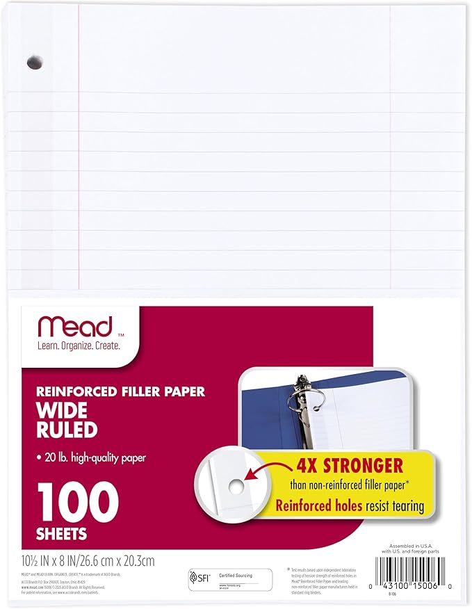 Mead Loose Leaf Paper, Wide Ruled Filler Notebook Paper, Reinforced, 8" x 10-1/2", 100 Sheets, Fits 3-Ring Binder (15006)
