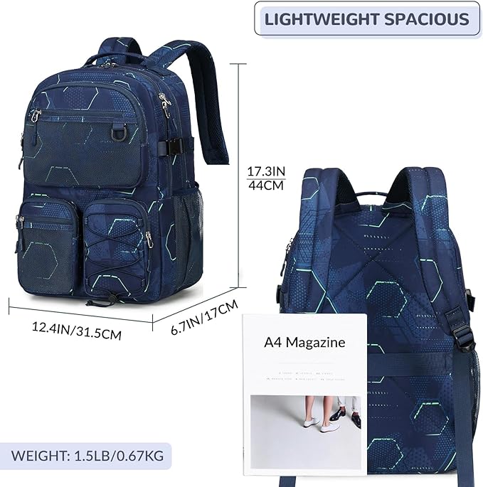 Lohol Multi-Pocket Backpack for School College Travel, Heavy Duty Big Bookbag with 15.6 inch Laptop Compartment (Navy Geometry