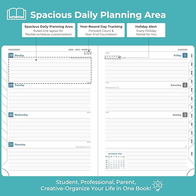 Planner 2026-2027 Daily Weekly and Monthly,8.5"x6.5",18 Months Spiral Bound Calendar Agenda with Self-adhesive Pen Holder,2026 Academic Plan with Vegan Leather Soft Cover,Light Blue