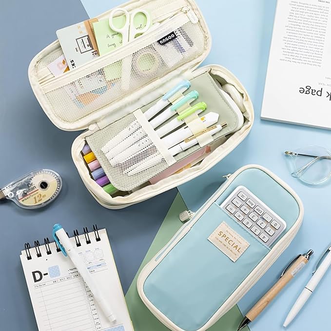 MAMUNU Expandable Pencil case with compartments, Large Capacity Pencil Cases Pencil Bag Pouch Office School, Portable Pencil Case Large School Stationery Organizer, Makeup Cosmetic Bag, Blue