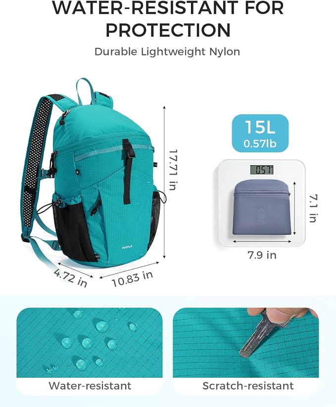 ECOHUB 15L Ultra-Lightweight Packable Backpack, Casual Daypack for Daily Use, Small Hiking & Travel, Foldable Backpack, Water-Resistant Nylon, Reflective Design