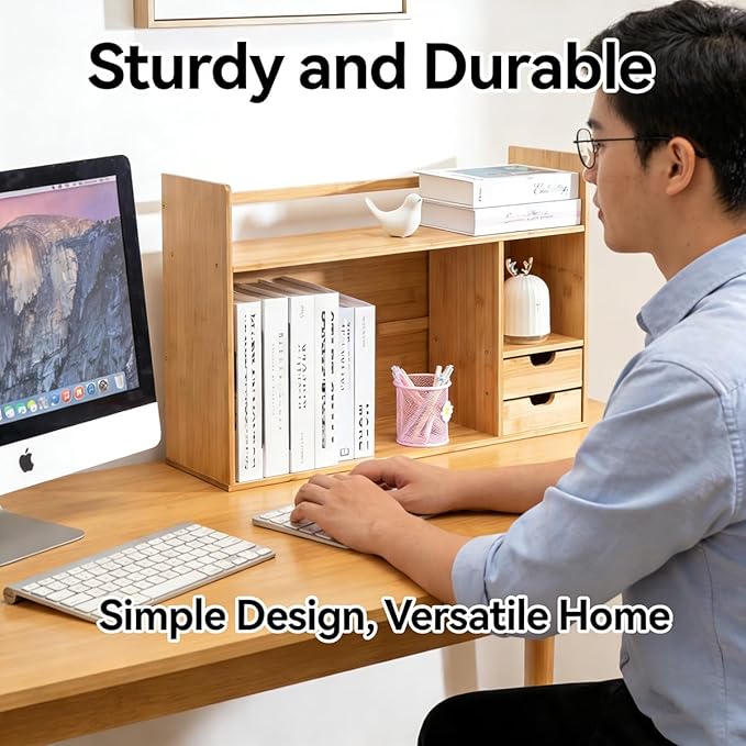 Bamboo Desktop Bookshelf with Drawers,2-Tier Desk Organizer Shelf,Small Desk Hutch with Storage for Office,Dorm,Bedroom,Home,Desk Top Bookshelf with Rounded Corners,22.8"x7.5"x18.1"