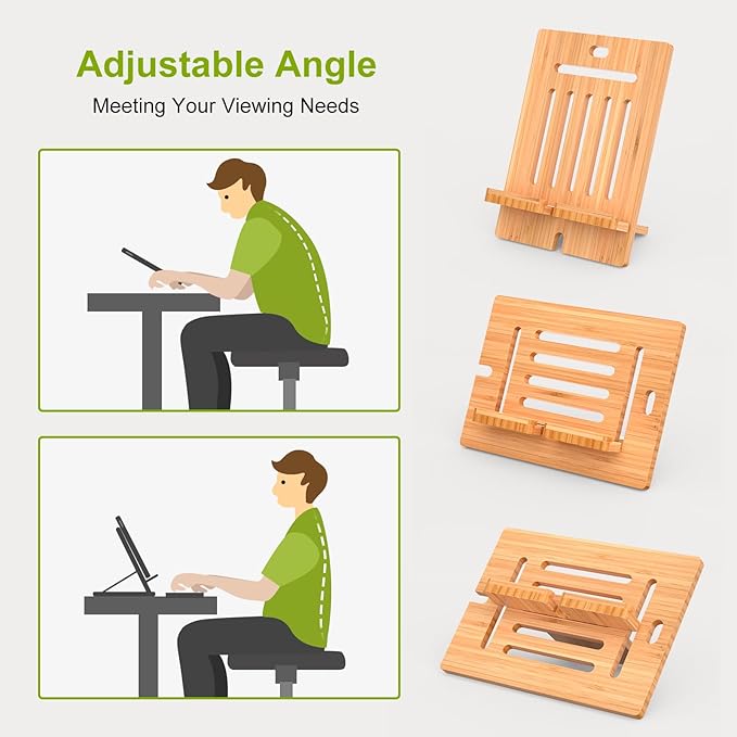 Pezin & Hulin Bamboo Tablet Stand Adjustable, Desktop Cell Phone Stand Holder Dock Compatible with Pad Air/Pro/Mini, E-Reader, Smartphone (Support to 4.7-13" Devices)-Bamboo