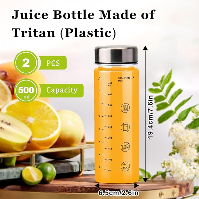 2 Pack Plastic Juice Bottles with Caps - Wide Mouth Resuable Clear Plastic Water Bottles for Juicing,Smoothie,Protein, Beverage,Storage Containers,BPA Free,Leakproof Stainless Steel Lid(16 Ounces)