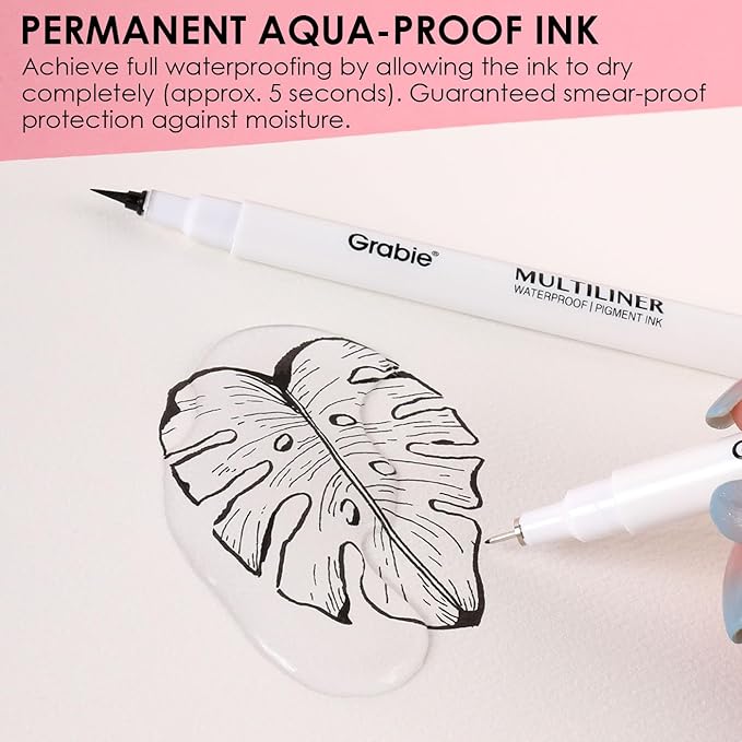 Grabie Micro Finerliner Pens, 6 Black Fine Line Waterproof Drawing Pens, Assorted Point Sizes for Sketching, Illustration, Journaling, Art Supplies