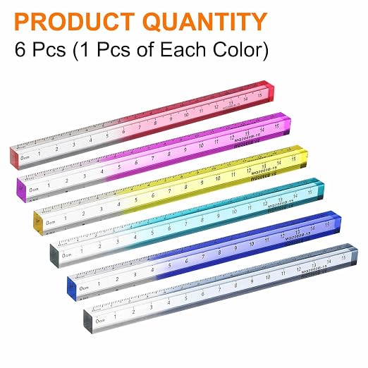 HARFINGTON 6pcs Acrylic Clear Straight Rulers 15cm Metric Transparent Gradient Three-Dimensional Plastic Ruler Square Cube Measuring Tool for Classroom Office, 6 Color