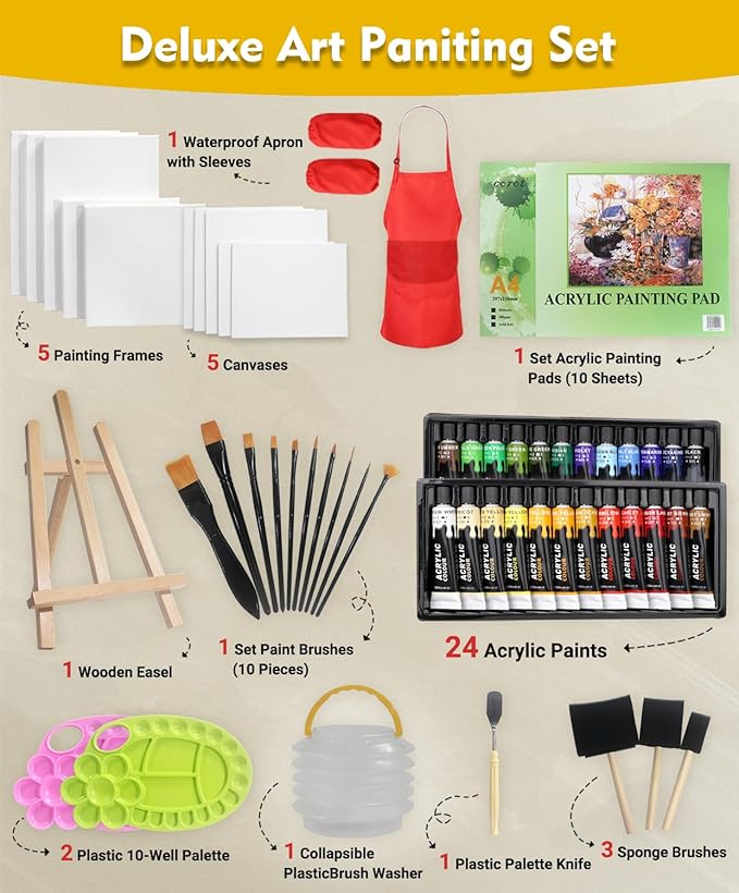 Colorful Acrylic Painting Kit | 64 Piece Painting Set with Walnut Easel, 24 Colors Acrylic Paint, Canvas, Palette, Brushes, Apron and Sleeve Set | Art Painting Supplies Kit