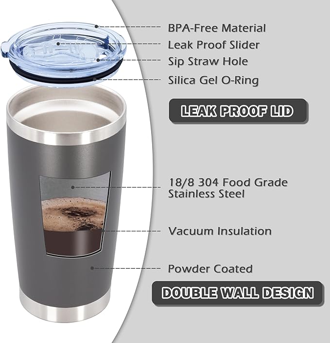 AIANJI 20oz Tumbler Bulk Stainless Steel Tumblers with Lid Vacuum Insulated Double Wall Travel Coffee Mug Powder Coated Tumbler Cup for Hot and Cold Drinks(Grey, 6 pack)