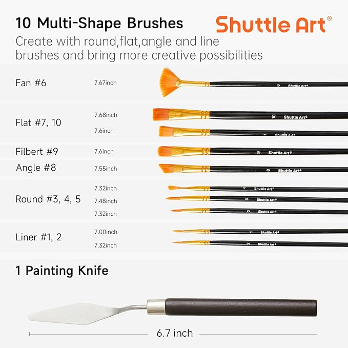 47 Pack Acrylic Paint Set, Shuttle Art 15 Colours (12ml Each, 2Pack) Acrylic Paint with 10 Brushes Painting Canvas Knife Palette Sponge, Complete Gift Set for Kids, Adults Painting Canvas, Ceramic