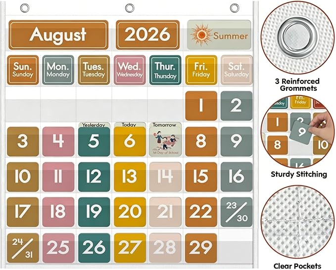 45 Pockets Classroom Calendar for Kids Learning, Pocket Chart Calendar Decor with Special Educational Cards, Teacher and Classroom Must Have Supplies, Boho
