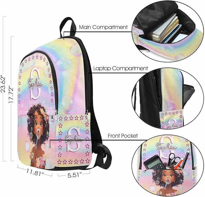 M YESCUSTOM Custom Girls Backpack Lunch Bag Set with Name, Rainbow Personalized Kids Backpack for Girls School Travel Kindergarten Bookbag Pencil Pouch