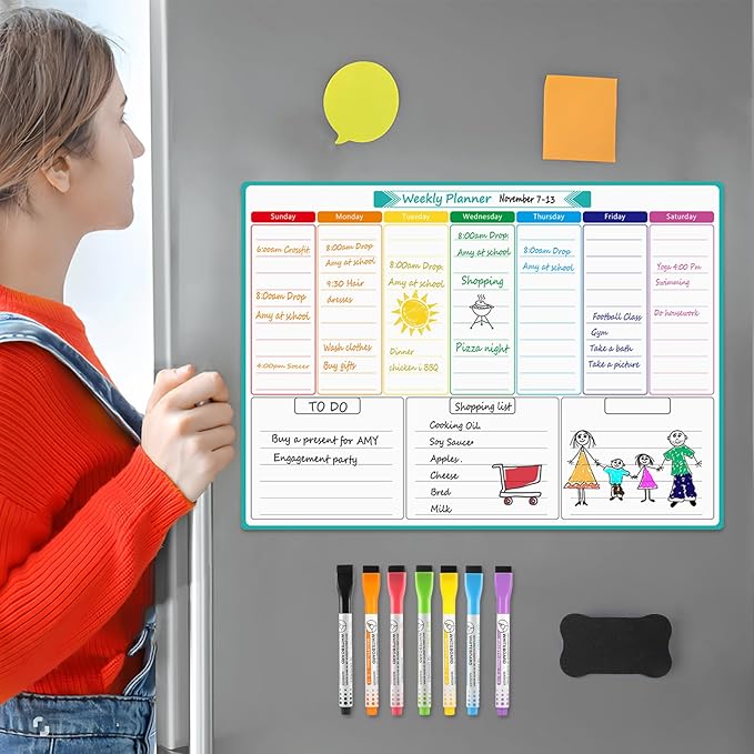 MaxGear Weekly Dry Erase Board for Fridge, 16"x12" Magnetic Calendar Whiteboard Planner for Refrigerator with Stain Resistant Technology, Include 7 Fine Point Markers and 1 Eraser