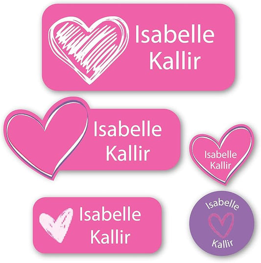 Personalized Kids Name Labels – Waterproof Custom Stickers for Daycare & School, 117 Pack, Dishwasher & Laundry Safe (Heart)