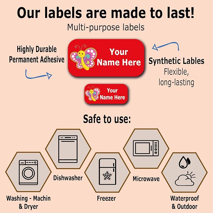 Waterproof Name Labels – Girls, Boys and Kids Icon Designs. 52 Custom Stickers for School, Daycare and Camp. Personalized Labels, Dishwasher and Microwave Safe, Machine Washable.