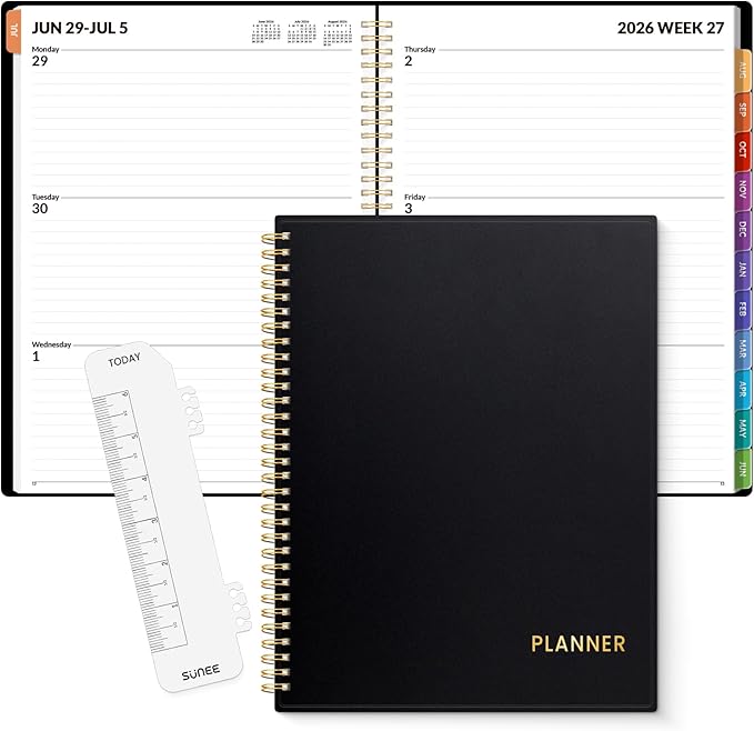 SUNEE Academic Planner 2026-2027 – Weekly & Monthly Planner, July 2026 to June 2027, 8.5"x11", Thick Paper, Tabs, Pockets, Bookmark, Spiral-Bound, Student Teacher Organizer, Black