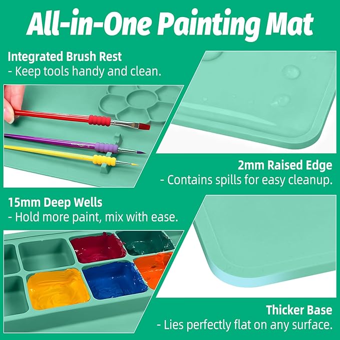 Silicone Craft Mat, Paint Pad with Detachable Cleaning Cup, Paint Mats with 3 Painting Brushes, 23.6 x 15.8in Nonslip Art Mat, Painting Station Reusable Art Supplies for Kids(Green)
