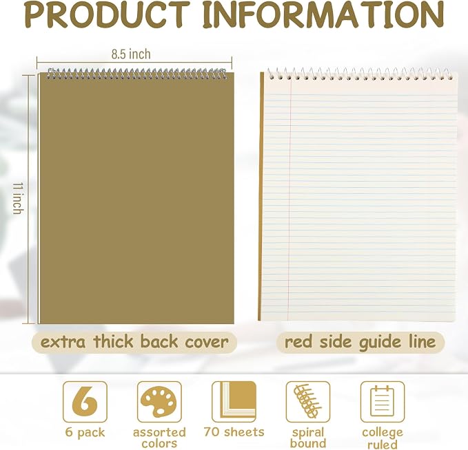 Maitys 6 Pcs Steno Spiral Notebooks, Attractive Color, Rustic Style