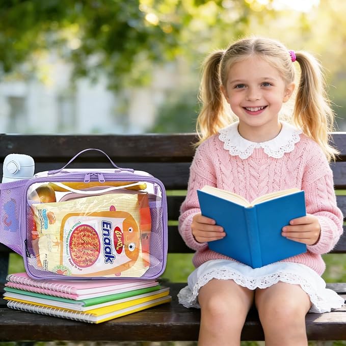 FlowFly Kids Lunch box Insulated Soft Bag Mini Cooler Back to School Thermal Meal Tote Kit for Girls, Boys,ClearPurple