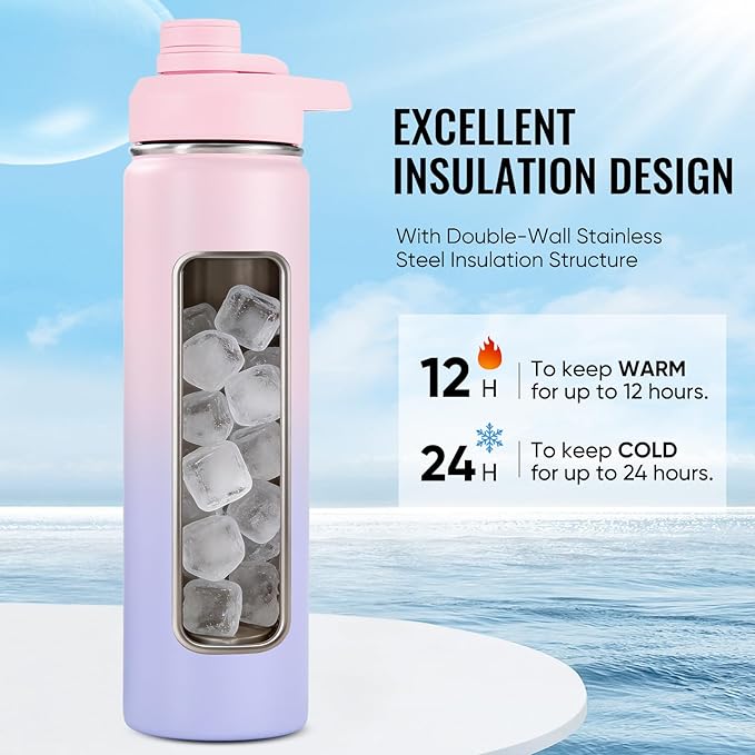 Fijinhom 24 oz Insulated Water Bottle with Handle, 304 Stainless Steel Water Bottles with Wide Mouth, Double Wall Vacuum Sports Water Bottle, BPA Free, Keep Cold and Hot, Pink/Purple