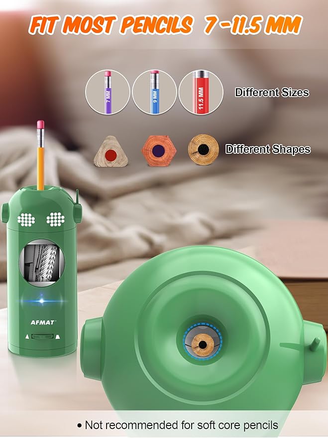 AFMAT Electric Pencil Sharpener Fully Automatic, Colored Pencil Sharpeners for 7-11.5mm Pencils, Rechargeable Hands-Free Robot Sharpener for Classroom, Home, Office, Battery Operated, PSX5EW, Green