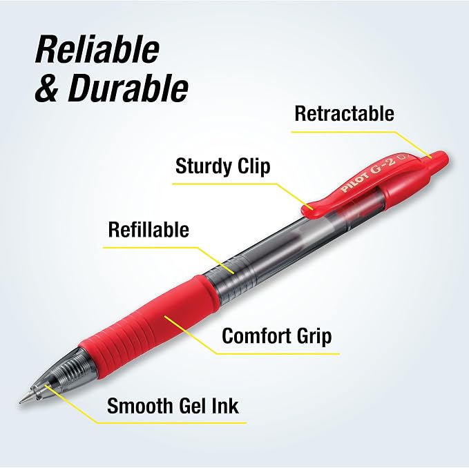 Pilot G2 Premium Gel Roller Pens, Fine Point 0.7 mm, Red Pens, Pack of 12 - Ideal for School, Journaling & Office Writing