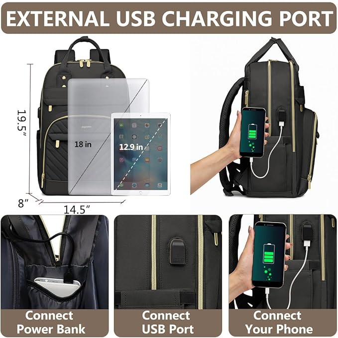 Laptop Backpack for Women Work Bag - Fits 18 Inch Laptop Bag Travel Work Backpack Anti-theft Bags with USB Charging Business Computer Waterproof Backpack Purse for Nurse Teacher Black