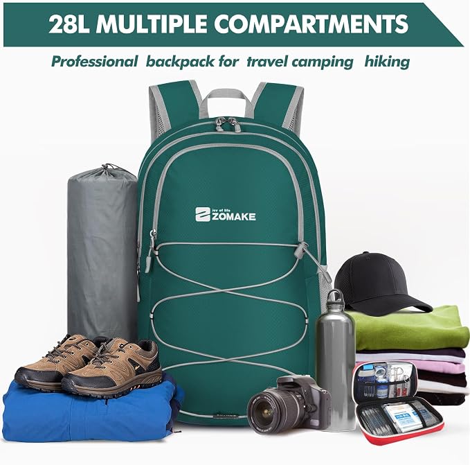 ZOMAKE Lightweight Packable Backpack, 28L Foldable Daypack (Olive Green) | Light Hiking Backpacks Water Resistant Collapsible Day Pack for Travel, Everyday Carry, Multi-Pocket Layout, Heavy Duty Nylon