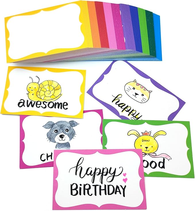 PPAPPAPPIYO 100 Pack Mini Index Cards, 2.25x3.5 inch, Extra Thick 260gsm White Cardstock, Decorative Colorful Borders with Blank Back for Flashcards, Vocabulary, and DIY Crafts