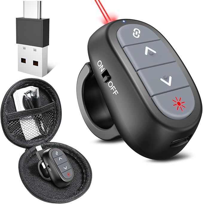 Presentation Clicker PowerPoint Wireless Presenter Remote: USB C Laser Pointer Computer Clickers, Hyperlink Finger Ring Project Power Point PPT Clicker for Mac Laptop Office, Google Slide Advancer