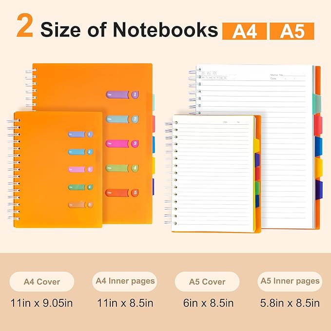 Yoment 5 Subject Notebook College Ruled Spiral Notebook 5x7 with Removable Dividers 270 Pages Notebooks for Work Multi Subject Notebook with 5 Tabs Organizer Notebook for Note Taking School, A5 Orange