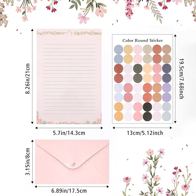 91 Pcs Stationery Paper Envelopes Set Includes 60 Lined Writing Stationery Paper & 30 Envelopes with 48 Round Dot Stickers, Cute Floral Letter Writing and Stationery Paper Envelopes (10 Style)