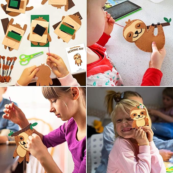 CiyvoLyeen Kids Sewing Kit Crafts – DIY Sloth & Jungle Animal Felt Crafts Sewing Set for Girls & Boys Ages 8–12 Learn to Sew 8 Cute Animal Projects
