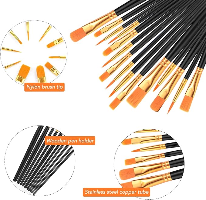 AROIC Acrylic Paint Brush Set, 2 Packs / 20 pcs Nylon Hair Brushes for All Purpose Oil Watercolor Painting Artist Professional Kits (Black)