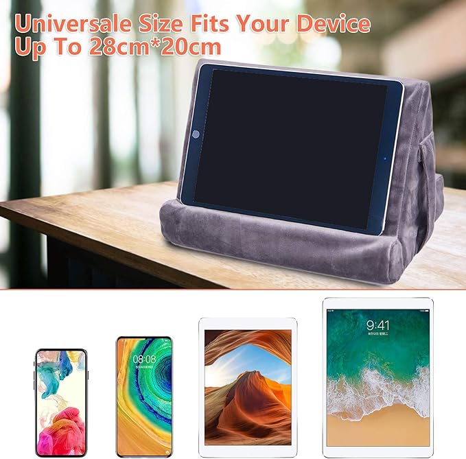 2pcs Multi-Angle Tablet Holder Cushion Stand with Net Pocket & Black Color Phone Stands Upgraded Tablet Pad Support for Phone,Pad,Books (Grey)