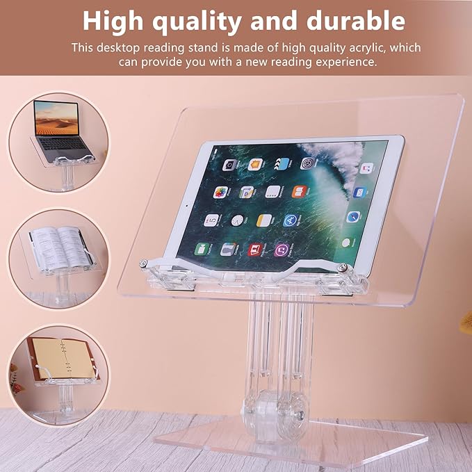 Acrylic Book Stand for Reading, Adjustable Foldable Book Holder with 180° Rotating Base & Page Clips, Portable Transparent Tablet Holder for Cookbook, Laptop, Tablet, Music Scores, Recipe, Textbook