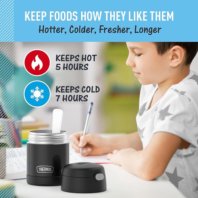THERMOS FUNTAINER Insulated Food Jar, 10 Ounce, Kid Friendly Food Jar with Foldable Spoon, Black