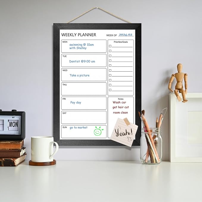 Dry Erase White Board Weekly Calendar Board, Magnetic Whiteboard for Wall, 10.6“x14.7” Solid Wood Black Framed Message Board, Planner Board for Office, Home, School(Weekly-BB-BK-2737)
