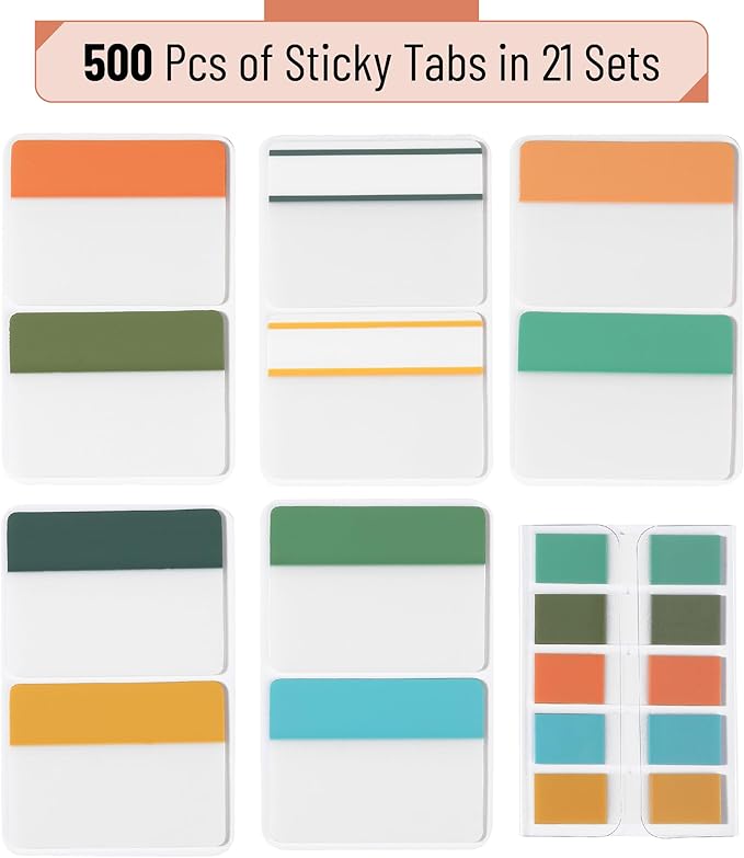 Mr. Pen- Sticky Index Tabs, 500 Pcs, 21 Sets, Colorful, Writable Colored Pages Markers Labels for Reading Notes, Books, Binders, Notebook, Folders and Classify Files, Water-Resistant