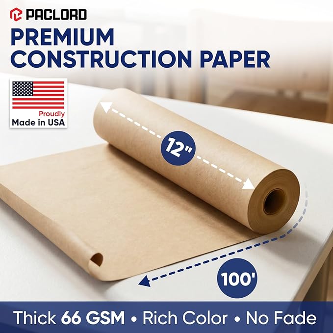 Natural Kraft Brown Construction Paper Roll 12" x 100 ft – Made in USA – 12" Bulletin Board Paper for Classroom & School, Teachers & Kids