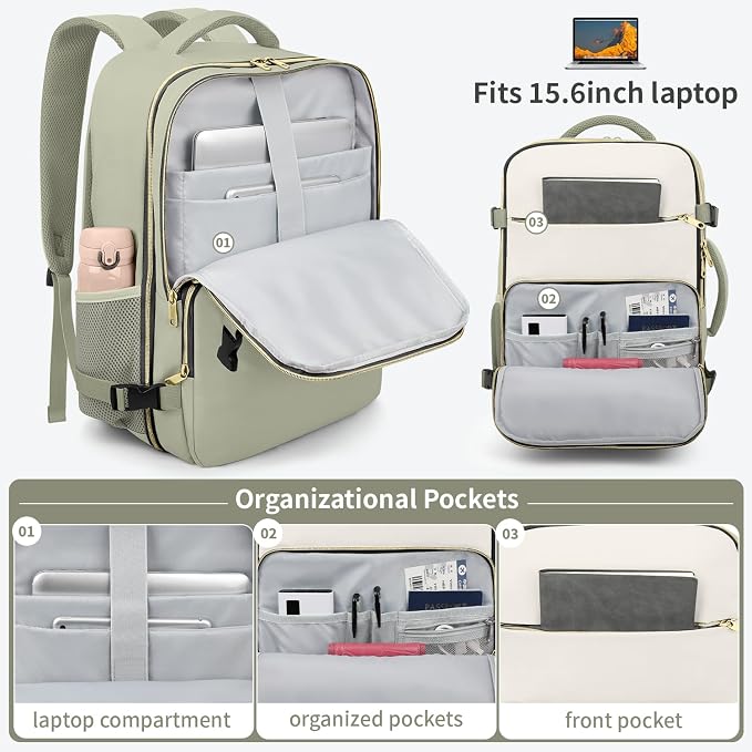 ZOMFELT Travel Backpack for Women Men, 18 x 14 x 8 inch Carry on Backpack | 17.3 inch Laptop Backpack Flight Approved, Personal Item Travel Bag Casual Daypack for Weekender Business Trip, Green