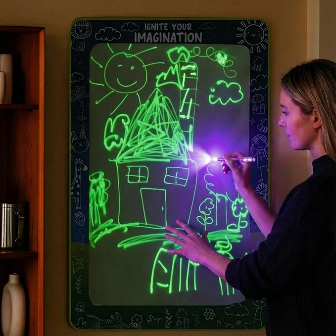 Dunzoom Light Reactive Drawing Surface Board 36 x 24 Inch Bright Glow Effect with 2 Purple Light LED Pens and 1 Number Alphabet Stencil for Drawing Writing Doodle Glow in The Dark Party Favors