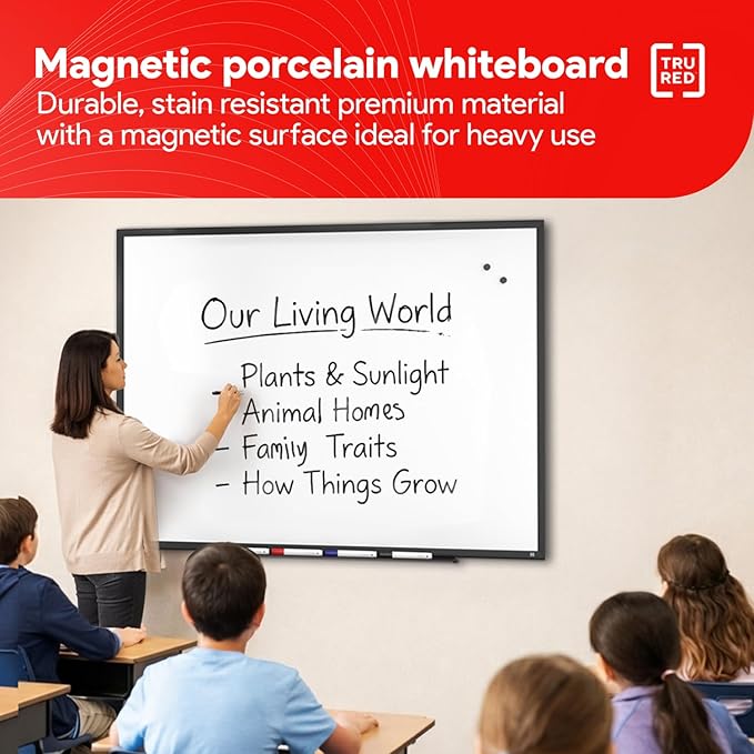 TRU RED Magnetic Porcelain Whiteboard | Dry Erase Board for Wall, White Board with Black Frame, 3 ft x 4 ft, 4 Multicolor Markers Included