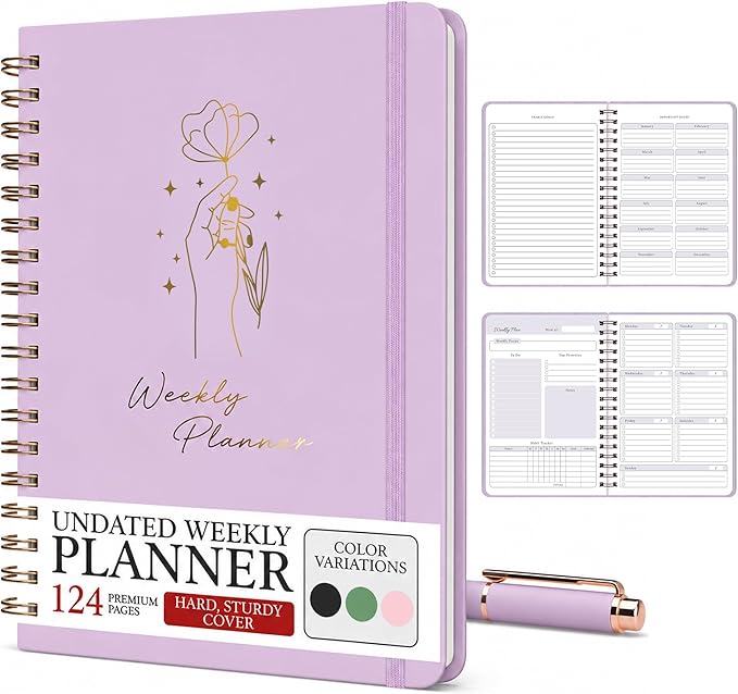 Undated Weekly Planner & Notebook for Work, School & Home — Aesthetic Hardcover Spiral Blank Planner with Habit Tracker, Goal Organizer & To Do List—124 No-Bleed Pages, 6.4×8.5", Purple