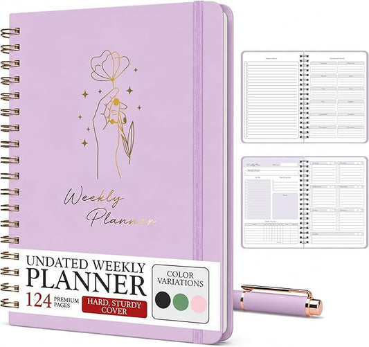 Undated Weekly Planner & Notebook for Work, School & Home — Aesthetic Hardcover Spiral Blank Planner with Habit Tracker, Goal Organizer & To Do List—124 No-Bleed Pages, 6.4×8.5", Purple