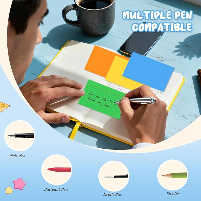 300 Count Colored Index Cards 3x5, 6 Bright Colors Note Cards, Flashcards for Studying, 50 Sheets Per Color, Colored Notecards 3x5 Lined, Colorful Index Cards Ruled for School, College, and Office