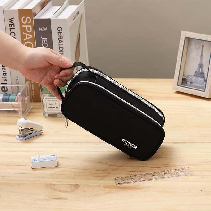 Dugio Large Pencil Bag for Boys School Organizer Pencil Pouch Big Black | Teens Kids Pencil Case with Zipper Aesthetic Pencil Box for School Supplies, Wear-resistant Fabric, Thick Multi-layer Fabric