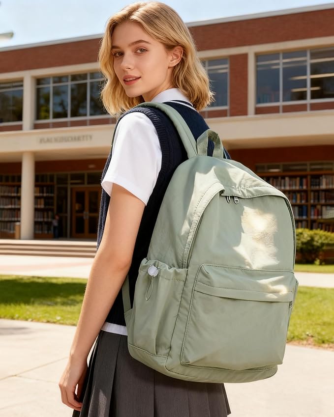 BJLFS Green Cute School Backpack with Laptop Compartment Small Travel Laptop Backpack for Women Men Waterproof College Backpack Simple School Bag for Teens Girls Boys
